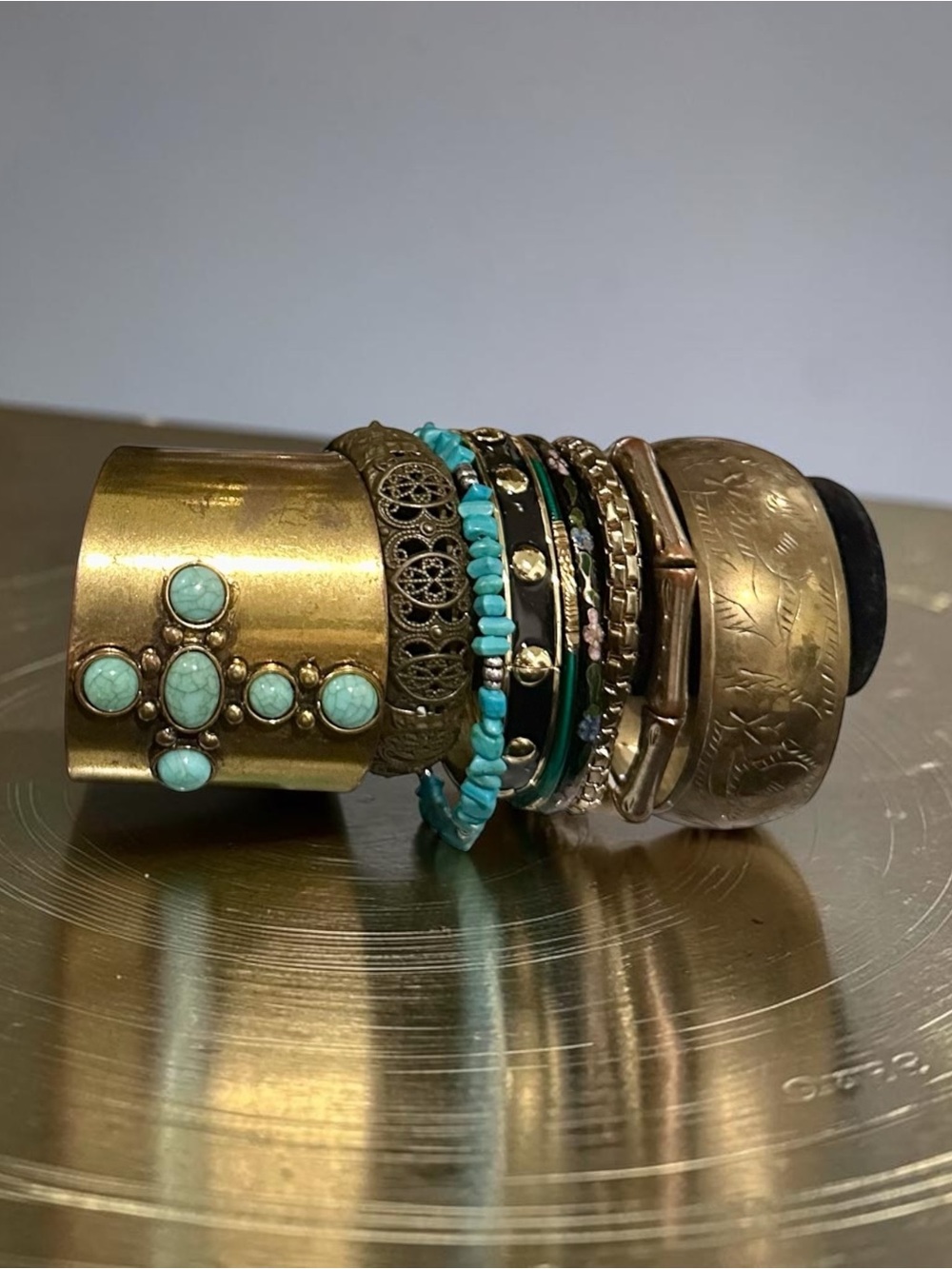 Boho Turquoise Brass Cuff Bracelet Stack Western Set